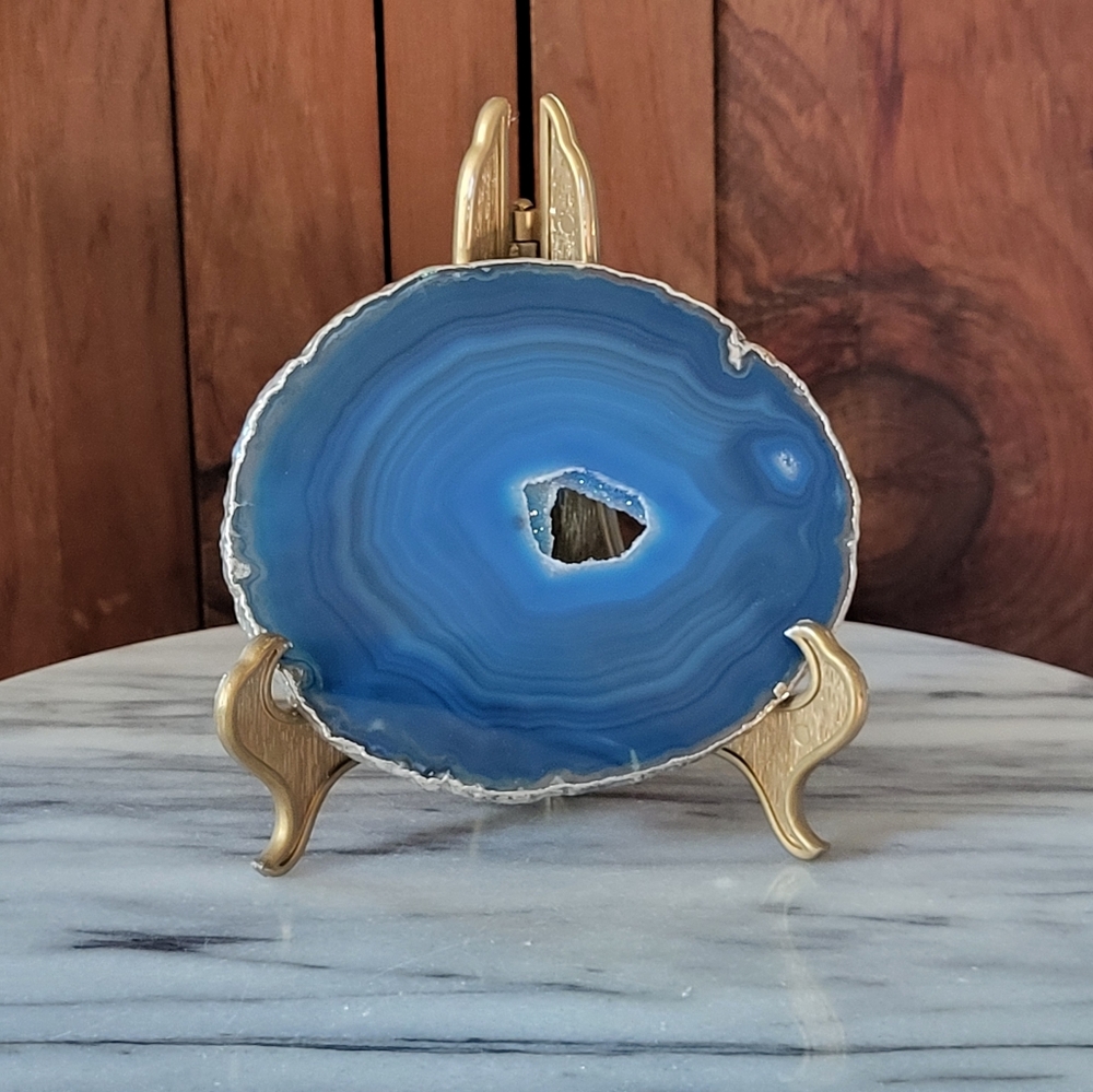 Blue Agate Slice on Gold Stand